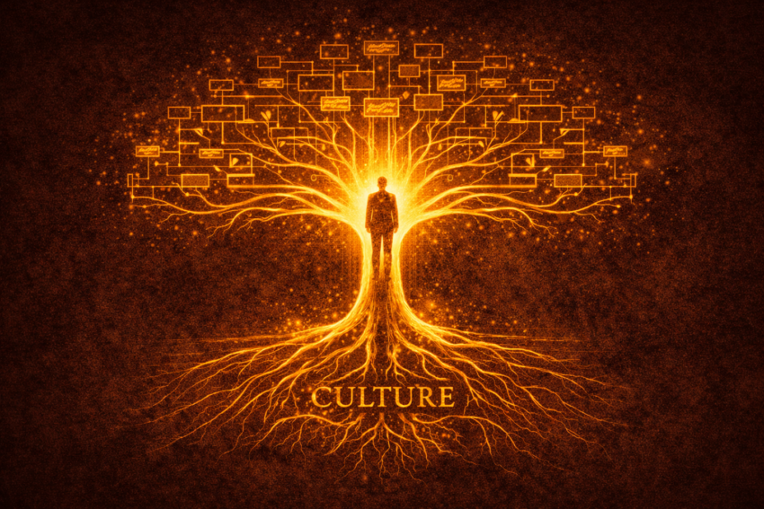 Dark editorial illustration of a leader as architect of corporate culture and organizational identity