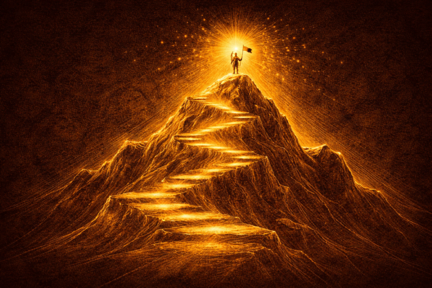 Dark editorial illustration of Jim Collins' Level 5 Leadership model — humility and professional will driving organizational excellence