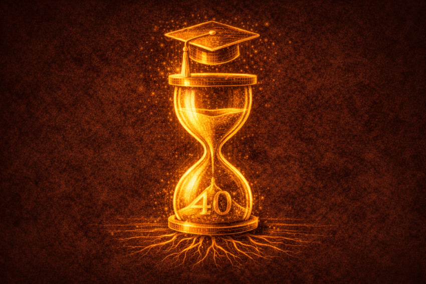 Dark editorial illustration of a professional over 40 weighing the strategic value of an MBA for career advancement
