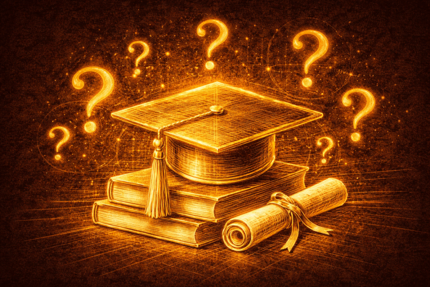 Dark editorial illustration of a seasoned professional evaluating an MBA program as a mid-career investment
