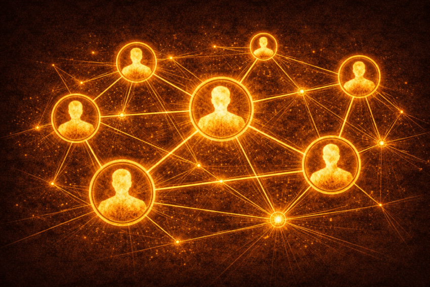 Dark editorial illustration of a product manager leveraging LinkedIn for professional learning and PM skill development