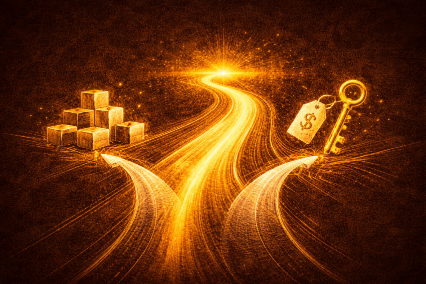 Dark editorial illustration of a product executive weighing build vs. buy strategy alongside M&A portfolio decisions