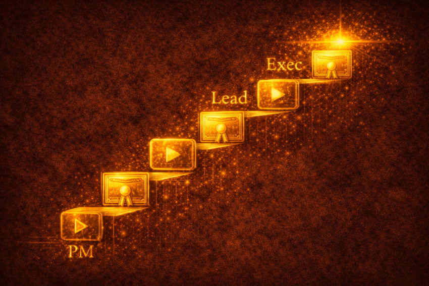 Dark editorial illustration of a product manager progressing through structured learning toward senior leadership