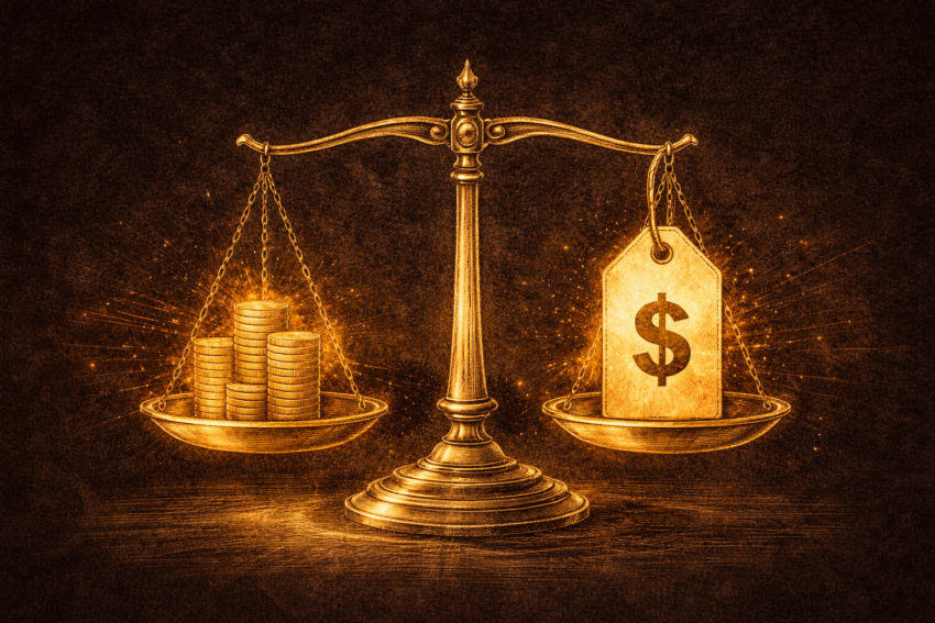 Dark editorial illustration of a product leader balancing value and price for an innovative product at market launch