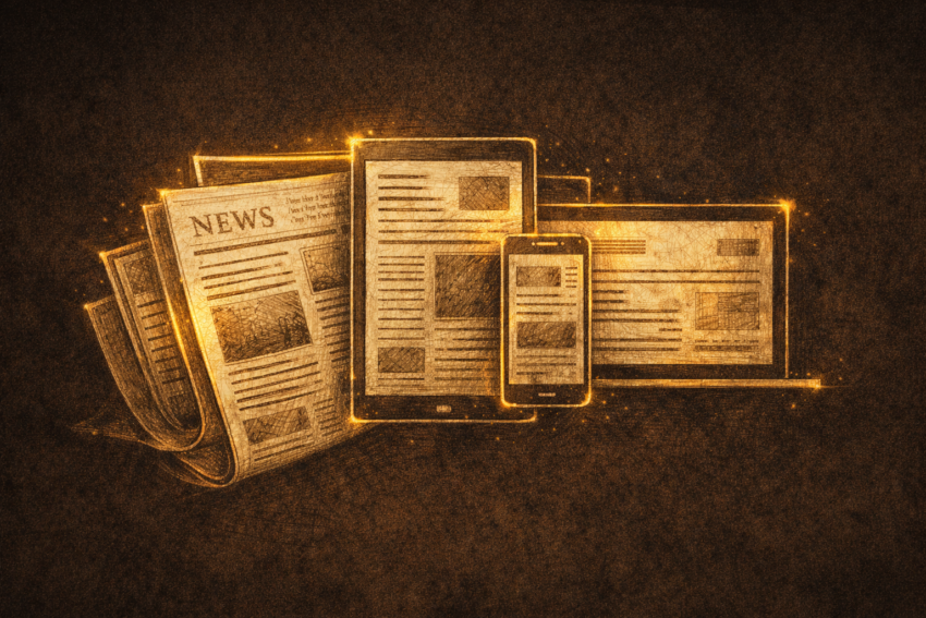 Dark editorial illustration of a product manager curating information from top digital news sources and industry publications