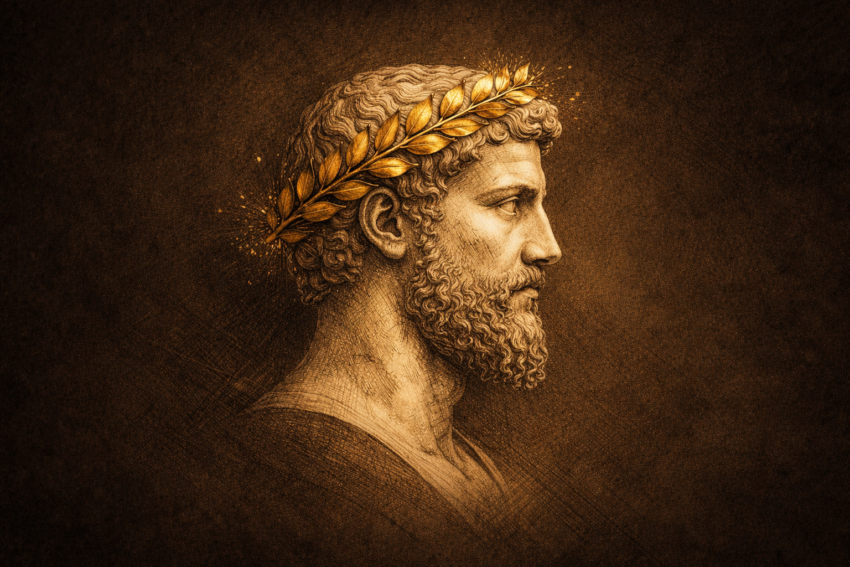 Dark editorial illustration of stoic philosophy meeting modern product management — ancient wisdom for navigating uncertainty