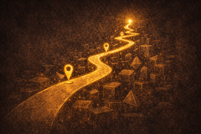Dark editorial illustration of a product manager advancing through career stages with online learning as a strategic tool