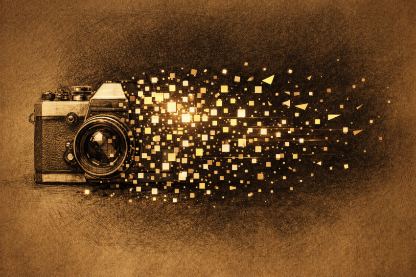 Dark editorial illustration of a product roadmap shielding the past — Kodak as a cautionary tale about transformation failure