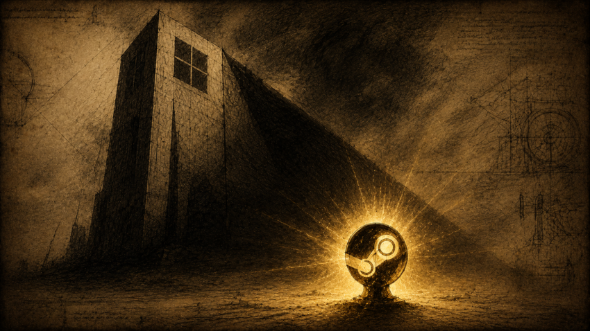 Dark editorial illustration showing a glowing Steam orb casting golden light against the shadow of a towering corporate monolith — a visual metaphor for Valve's strategic defiance of Microsoft's platform dominance.