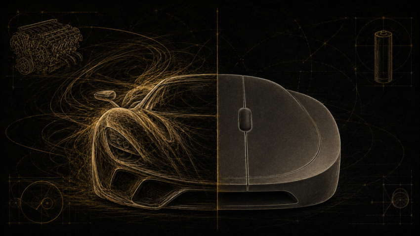 Sports car split between a muscular Renaissance anatomical study and a flat, lifeless consumer-electronics shape, symbolizing Ferrari's failed digital transformation with Jony Ive